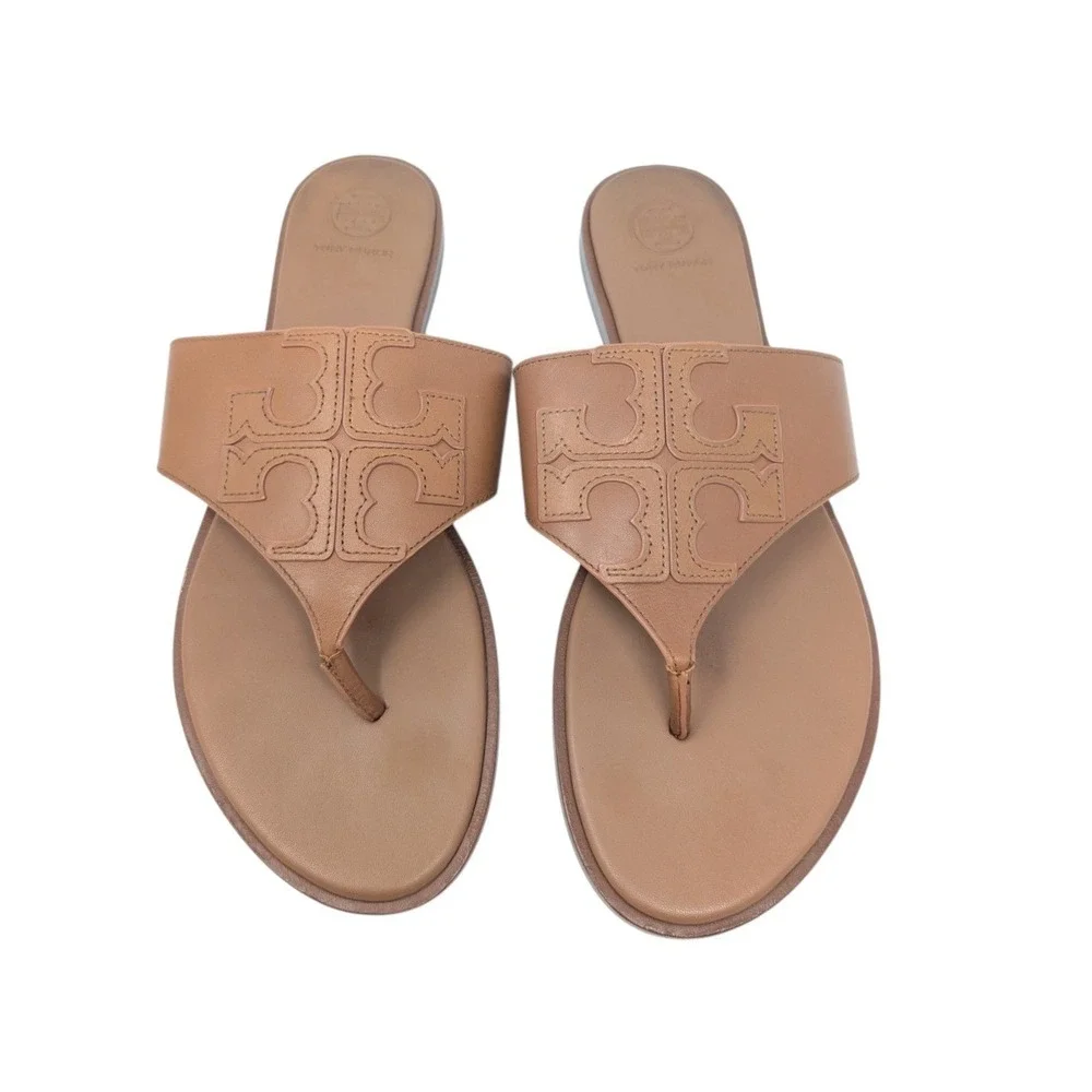 Tory Burch Weston Tan Leather Double T Logo Thong Sandals Size 9.5